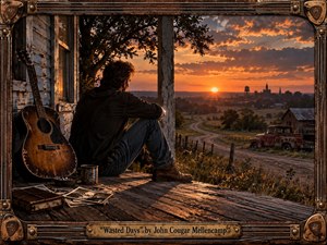Kung Fu Hand Painting - A weathered man sits quietly on a rustic porch overlooking rolling farmland and a distant small town at sunset, his battered acoustic guitar beside him. Warm amber light illuminates aged wood, an abandoned pickup, winding road, and scattered photographs, creating a reflective mood of regret and passing time, rendered in cinematic, richly textured realism.