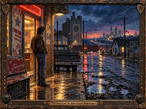 Kung Fu Hand Painting - A solitary man stands outside a weathered roadside diner, gazing toward an industrial city glowing beneath a stormy twilight sky. Rain-slick pavement reflects amber, red, and blue lights around an aging pickup and railroad crossing. Rich painterly textures, distressed Americana details, and a rugged metal frame create a reflective, bittersweet mood.