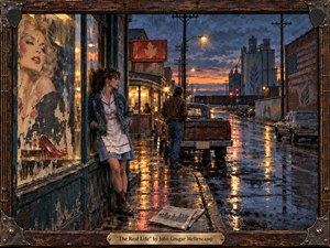 Kung Fu Hand Painting - A young waitress in denim leans beside a weathered storefront on a rain-soaked Midwestern street at dusk, while a lone man stands near an old pickup. Cool indigo skies contrast with warm amber reflections, faded Americana, and industrial silhouettes. Thick oil-and-wax textures, distressed surfaces, and a rustic framed presentation create reflective, working-class melancholy.