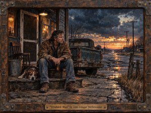 Kung Fu Hand Painting - A weathered man sits beside his loyal dog on a worn roadside porch, staring toward an empty rural highway beneath turbulent storm clouds and a glowing sunset. Muted blues, rusted browns, charcoal grays, and amber light create a melancholy Americana mood, enhanced by cracked pavement, an aging pickup, textured brushwork, and a rugged wooden frame.