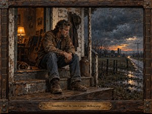 Kung Fu Hand Painting - A weary man sits on a weathered farmhouse porch beside a resting dog and old guitar, staring across rain-soaked fields beneath brooding storm clouds. Warm amber lamplight contrasts with cold blue-gray dusk and a fiery horizon. Thick, textured brushwork, distressed wood, rusted metal, and the handcrafted frame deepen the somber, reflective mood.