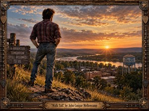 Kung Fu Hand Painting - A solitary man stands proudly on a rocky overlook above a small American river town at sunset, gazing across bridges, wooded hills, and shimmering water. Warm gold, amber, and copper light fill the dramatic sky, creating a hopeful, resilient mood. The richly detailed Americana scene combines cinematic realism with weathered handcrafted framing, metal accents, stars, guitar picks, and an engraved title plate.