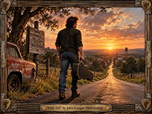 Kung Fu Hand Painting - A lone man carrying a worn guitar case walks toward a small American town beneath a blazing golden sunset. A rusted pickup, weathered roadside sign, church steeple, and water tower reinforce the reflective Americana mood. Warm amber light, deep shadows, textured realism, and a rugged wood-and-metal frame suggest resilience, dignity, and perseverance.