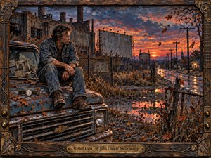 Kung Fu Hand Painting - A weary man sits on a rusted pickup beside an abandoned factory and drive-in at autumn dusk, gazing toward a wet road fading into the distance. Fiery orange skies, blue-gray clouds, reflective puddles, fallen leaves, old photographs, and a cracked watch deepen the melancholy. Textured oil-and-charcoal styling and a rugged guitar-inspired frame complete the scene.