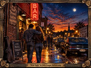 Kung Fu Hand Painting - A richly painted Americana night scene unfolds along a rain-slick small-town street, where a young couple approaches a glowing bar amid friends, vintage cars, and hints of live music. Neon reds, warm amber lamps, deep blues, and fiery sunset tones create lively contrast. Rustic guitar-inspired framing and a brass engraved title plate complete the nostalgic composition.