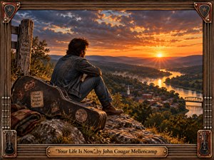 Kung Fu Hand Painting - A cinematic, highly detailed scene shows a lone man in a worn denim jacket seated on a rocky overlook, gazing across a sunlit river valley at dusk. Warm amber light, layered mountains, drifting mist, and dramatic clouds create a reflective, hopeful mood, while a weathered guitar case and rustic guitar-themed frame reinforce the handcrafted Americana character.