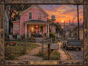 Kung Fu Hand Painting - A weathered pink house anchors a small American neighborhood at sunset, where a family gathers on the porch beneath warm amber light. Rusted fences, an aging pickup, wildflowers, utility lines, and distant factories create a bittersweet contrast between pride and hardship. Rich painterly textures and glowing skies give the scene nostalgic realism.