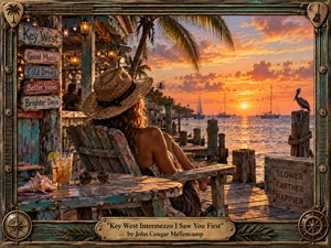 A richly textured handcrafted painting depicts a woman relaxing beside a weathered Key West waterfront at sunset, gazing toward sailboats on glowing turquoise water. Warm orange, coral, and gold light fills the sky, while palms, lanterns, nautical details, a pelican, rustic wood, and an ornate musical frame create a nostalgic, romantic atmosphere.