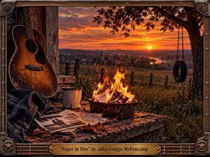 A weathered rural porch overlooks rolling fields, a small town, church steeple, and glowing river beneath a fiery sunset. An aged acoustic guitar, denim, photographs, letters, and an enamel mug surround a metal bowl of burning papers. Warm amber light contrasts with deep shadows, creating a nostalgic, restless Americana atmosphere.