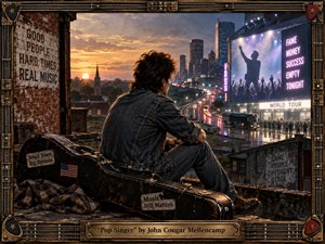 A reflective singer-songwriter sits on a weathered rooftop above a rain-slick city, watching distant concert lights and traffic weave through the twilight. Warm sunset oranges contrast with cool neon blues and purples, creating a melancholy yet hopeful mood. Gritty realism, aged brick, worn denim, guitar cases, and an ornate musical frame emphasize authenticity, ambition, and disillusionment.