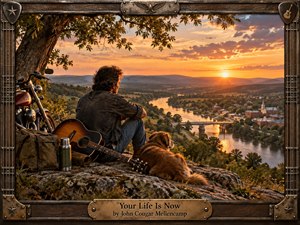 A rugged traveler sits with his dog and acoustic guitar on a rocky overlook above a winding river and peaceful town, watching a radiant sunset spread across rolling hills. Warm amber, gold, and copper tones create a reflective, hopeful mood, while the weathered wood and metal frame, motorcycle, and aged bronze title plate add handcrafted Americana character.