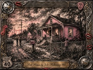 Kung Fu Hand Painting - A weathered pink house anchors a quiet small-town street at sunset, surrounded by neighbors, porch figures, a bicycle, mailbox, telephone poles, and vintage car. Deep feathered charcoal textures blend with muted pink highlights and warm window light, while an ornate chrome-and-gold rock-and-roll frame adds nostalgic Americana character.
