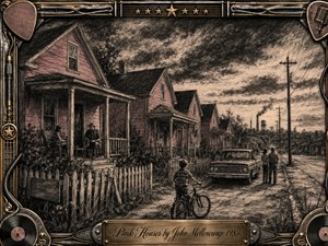 Kung Fu Hand Painting - A weathered row of pink American houses stretches along a quiet working-class street beneath a dramatic charcoal sky. Neighbors gather on porches while a child pauses beside a bicycle and an old pickup truck. Muted rose, sepia, and black tones create a nostalgic, reflective mood, framed by ornate musical hardware and vintage records.