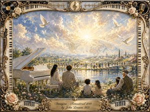 A luminous pastoral vision surrounds a white grand piano beside reflective water, where generations gather peacefully beneath a radiant sky. Soft blues, creams, golds, and floral tones create a hopeful mood, while doves, distant figures, and a glowing world suggest unity. Ornate piano-key, rose, vinyl, and gold filigree framing completes the romantic painterly composition.