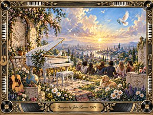 A serene garden terrace overlooks a radiant city at sunrise, where friends gather beside a flower-covered white piano, acoustic guitar, doves, and a resting dog. Warm gold, blue, ivory, and floral tones create a hopeful, peaceful mood. Painterly realism, glowing clouds, abundant blossoms, and an ornate musical frame enrich the dreamlike composition.