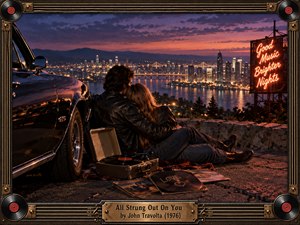 A young couple embraces beside a black vintage car overlooking a glittering waterfront city at sunset. Purple skies, amber lights, and glowing neon create a nostalgic romantic atmosphere. A portable record player and scattered albums evoke seventies love songs, while an ornate brass and vinyl frame completes the cinematic composition.