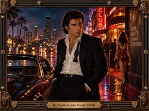 A brooding man in a black suit stands beside a vintage car on a rain-soaked city street, watching a glamorous woman approach a neon nightclub. Golden reflections, crimson lights, and distant skyscrapers create cinematic tension. Rich photographic realism and an ornate bronze musical frame evoke 1970s nightlife and danger.