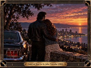 A couple embraces beside a vintage black car overlooking a glowing coastal city at sunset. Warm orange and pink skies reflect across tranquil water, creating a romantic, nostalgic atmosphere. Cinematic photographic detail contrasts with silhouetted trees and distant mountains. An ornate black and gold musical frame completes the composition.