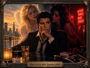 A brooding man sits at a dimly lit bar between an angelic blonde and a seductive, devilish woman. Golden city lights contrast with crimson neon shadows, symbolizing temptation and moral conflict. Whiskey, roses, and vintage photographs enrich the cinematic noir atmosphere, enclosed within an ornate bronze musical frame.