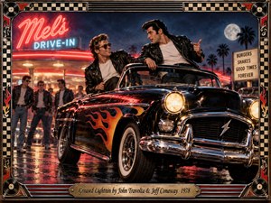A gleaming black hot rod with fiery orange flames dominates a moonlit 1950s drive-in scene. Two leather-jacketed greasers celebrate amid glowing red neon, chrome reflections, and rain-slick pavement. Cinematic realism captures youthful rebellion and excitement, framed by checkerboard patterns, musical ornaments, polished metalwork, and an engraved brass title plate.