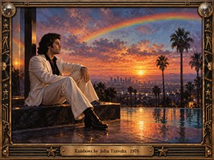 A contemplative man in a white 1970s suit overlooks a palm-lined city at sunset beneath a brilliant rainbow. Warm orange, pink, and violet skies reflect across shimmering water. Rich painterly textures create nostalgic romance, while an ornate bronze frame featuring disco balls, musical notes, and an engraved title plate completes the composition.