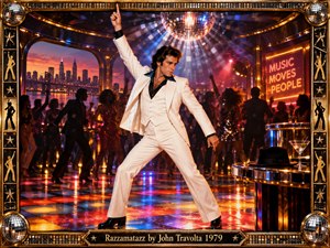 A charismatic dancer in a white suit commands a glittering disco floor beneath a mirrored ball. Vibrant red, blue, and gold lights illuminate celebrating crowds, a sunset skyline, and polished nightclub interiors. Cinematic retro styling, an ornate gold frame, and engraved title plate capture the glamorous energy of disco.