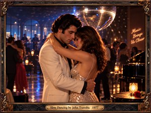A couple shares a tender slow dance in a nostalgic 1970s ballroom beneath a glittering disco ball. Warm amber candlelight contrasts with cool blue shadows, illuminating elegant clothing, polished floors, and distant musicians. Cinematic realism captures intimate romance, framed by ornate bronze detailing, musical symbols, and an engraved title plate.