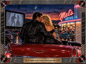A nostalgic 1950s drive-in scene captures a young couple embracing atop a red Chevrolet beneath a glowing sunset. Neon diner lights illuminate classic cars and rain-slick pavement, while a crescent moon hangs overhead. Rich cinematic colors, vintage romance, musical decorations, and an ornate retro frame celebrate youthful love and togetherness.
