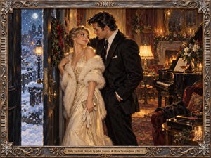 A glamorous couple share a playful glance beside an open doorway, contrasting icy blue snowfall with a warmly glowing holiday parlor. Golden lamplight illuminates her cream satin gown and his dark suit, while a piano, fireplace, festive decorations, and ornate silver frame enrich this romantic, nostalgic oil painting.