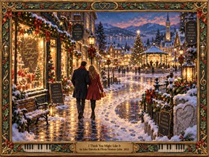 A couple strolls arm in arm through a snow-covered village toward a glowing Christmas tree and lively town square. Golden shop windows and lamplight shimmer across icy cobblestones beneath a violet evening sky. Rich painterly details create a nostalgic, romantic holiday mood, enclosed by an ornate holly-trimmed musical frame.