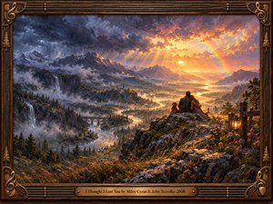 A couple and their dog rest together on a rocky overlook above a winding river and misty mountain valley. Dark storm clouds give way to golden sunlight and a faint rainbow, symbolizing reunion and hope. Richly textured oil painting, cascading waterfalls, wildflowers, and an ornate musical wooden frame complete the scene.