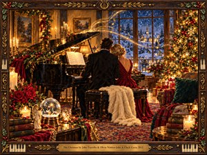 A warmly lit Christmas salon surrounds a grand piano where a couple sits together beneath swirling golden musical notes. Candlelight illuminates red velvet, evergreen garlands, and a sparkling tree, while snow blankets the village beyond tall windows. Rich oil painting textures and an ornate wood-and-brass frame evoke nostalgic holiday romance.