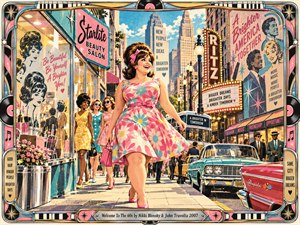 A smiling woman in a colorful floral dress strides confidently through a bustling 1960s city street, surrounded by fashionable shoppers, vintage cars, beauty salons, and glowing theater signs. Bright pink, turquoise, and golden sunlight illuminate the nostalgic screen-print artwork, while an ornate musical frame celebrates optimism, individuality, and transformation.