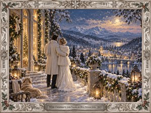 A couple in elegant winter clothing embraces on a snowy terrace overlooking a glowing alpine village. Golden lanterns and festive garlands soften the blue twilight, while distant mountains rise beneath a luminous moon. A resting dog adds warmth to this romantic, richly detailed painting, enclosed in an ornate silver Christmas frame.