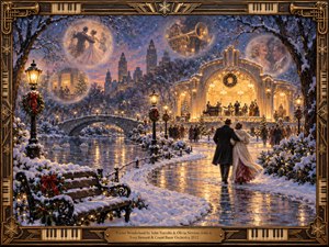 A stylish couple strolls along a snowy park path toward a glowing jazz pavilion beneath violet twilight. Golden lamplight shimmers across icy water, while floating memories of dancing and music illuminate the sky. Rich oil-painted textures, festive greenery, and an ornate bronze musical frame create nostalgic holiday warmth.