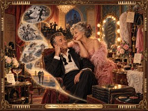 An affectionate older couple exchanges knowing smiles in a lavish vintage dressing room illuminated by golden theatrical light. Glowing memories flow through velvet curtains, surrounded by roses, mirrors, and records. Rich crimson, blush pink, and antique brass tones enhance the nostalgic oil painting, enclosed within an ornate musical frame.