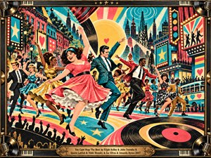 A jubilant ensemble of dancers leaps across a vibrant 1960s cityscape, their swirling dresses and sharp suits bursting with energy. Coral, turquoise, and golden yellow shimmer beneath radiant theatrical lighting. Bold screenprint textures, vintage marquees, vinyl records, and an ornate musical frame capture an exuberant celebration of rhythm and unity.