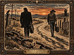 Two weathered musicians carry guitar cases along a winding desert road toward a fiery sunset. Broken iron chains lie among dry grasses, while a distant prison watchtower and telephone poles suggest confinement. Rendered in rugged, sepia-toned woodcut textures, the scene is framed by carved guitars, stars, and engraved brass.