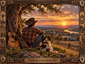 A weathered cowboy and faithful hound rest beneath a sprawling tree, overlooking a peaceful rural valley glowing beneath a golden sunset. Rich amber light warms farms, river, distant hills, and a small town. Detailed Americana realism, rustic textures, an acoustic guitar, and an ornate Western frame create reflective nostalgia.