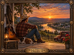 A reflective cowboy rests on a weathered porch beside his guitar and sleeping hound, overlooking a river town glowing beneath a brilliant orange sunset. Warm lantern light, an old pickup, distant hills, and richly textured wood create a nostalgic country mood, enclosed by an ornate bronze and musical-string frame.