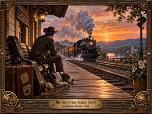 A lone traveler and his resting dog watch a steam train approach a rustic station beneath a fiery sunset. Warm amber light reflects across wet wooden planks, while distant hills, a river, bridge, and church create nostalgic depth. Detailed vintage realism, weathered luggage, guitar motifs, and carved framing evoke wistful departure.