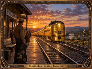 A gleaming golden locomotive arrives at a riverside station beneath a fiery sunset, watched by a lone traveler carrying a guitar case. Warm amber light reflects across rails and wooden platforms, while distant hills, bridge, and town deepen the nostalgic mood. An ornate musical frame completes the richly painted scene.