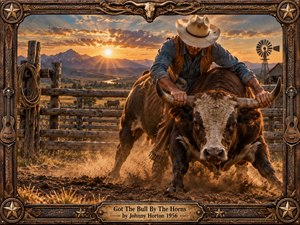 A determined cowboy grips the horns of a powerful bull in a dusty ranch corral beneath a glowing western sunset. Warm gold, brown, and blue tones illuminate weathered fences, distant mountains, cattle, and a windmill. Richly detailed realism and an ornate rustic frame create a tense, rugged, triumphant mood.