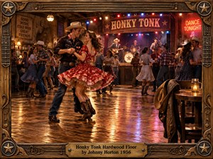 A lively 1950s honky-tonk glows with amber light as a young couple dances across a polished hardwood floor. Their swirling western clothes anchor the bustling scene, surrounded by dancers, musicians, neon lights, and rustic decor. Rich carved wood framing, brass accents, warm reflections, and cinematic realism create joyful nostalgic energy.