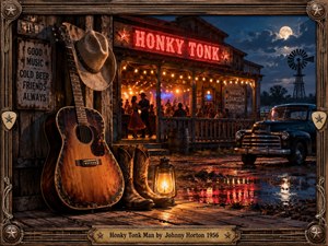 A weathered 1950s honky-tonk glows beneath moonlit clouds, surrounded by muddy reflections, a vintage pickup, windmill, and rustic timber. A battered acoustic guitar, cowboy hat, boots, and lantern dominate the foreground, while warm amber lights and red neon illuminate dancing couples, creating a lively yet nostalgic Americana atmosphere.