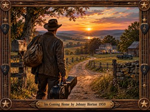 A weary traveler carrying a battered guitar case follows a winding country road toward a warmly lit farmhouse at sunset. Golden fields, rustic fences, distant hills, and glowing water create a nostalgic homecoming mood. Rich painterly detail, amber light, weathered textures, and an ornate musical frame evoke vintage Americana.