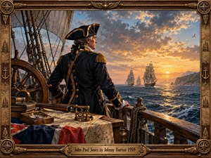 A resolute naval officer stands aboard a wooden warship, surveying distant sailing vessels across a restless sea at golden sunset. Rich navy, bronze, and amber tones enhance the heroic historical mood. Detailed rigging, charts, compass, telescope, carved nautical frame, and dramatic clouds give the oil-painted scene depth and period character.