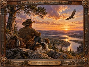 A weathered cowboy and loyal hound overlook a winding river valley beneath a brilliant golden sunset, while a soaring eagle reinforces the spirit of freedom. Rich amber, violet, and woodland tones create a reflective frontier mood. Detailed painterly textures, rugged rocks, distant mountains, and an ornate Western musical frame complete the scene.