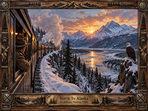 A vintage train winds along a snowy Alaskan mountainside as a bundled traveler watches a glowing sunset illuminate rugged peaks, frozen waterways, and dark evergreen forests. Warm amber light contrasts with icy blues while a bald eagle surveys the valley. Rich painterly detail and a carved rustic frame create adventurous nostalgia.