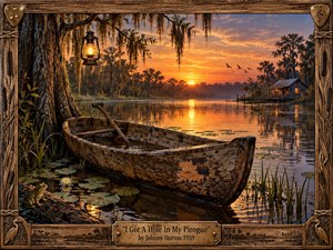A weathered wooden pirogue rests among lily pads beneath moss-draped cypress trees as a brilliant orange sunset glows across a quiet bayou. Warm lantern light, distant cabin windows, reflective water, birds, reeds, and a watchful frog create a nostalgic Southern atmosphere, framed by richly carved rustic wood and musical details.